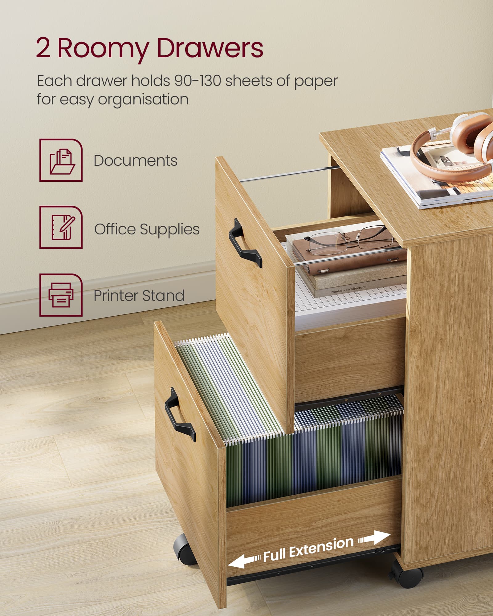 Mobile Filing Cabinet - 2 Drawers with Wheels - Metal - Straw Yellow
