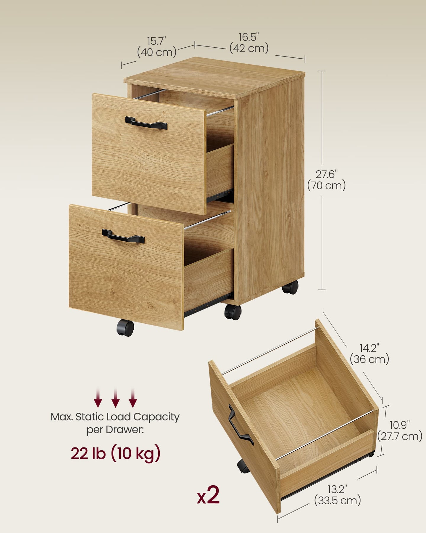 Mobile Filing Cabinet - 2 Drawers with Wheels - Metal - Straw Yellow