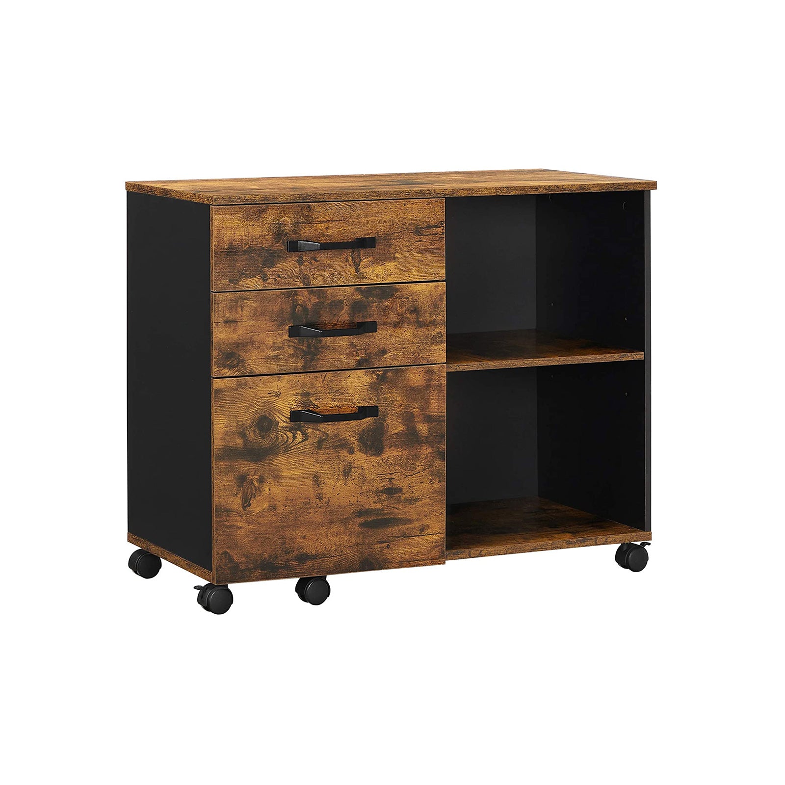 File Cabinet - Wood - Rustic Brown and Black - Mobile with Open Compartments and 3 Drawers