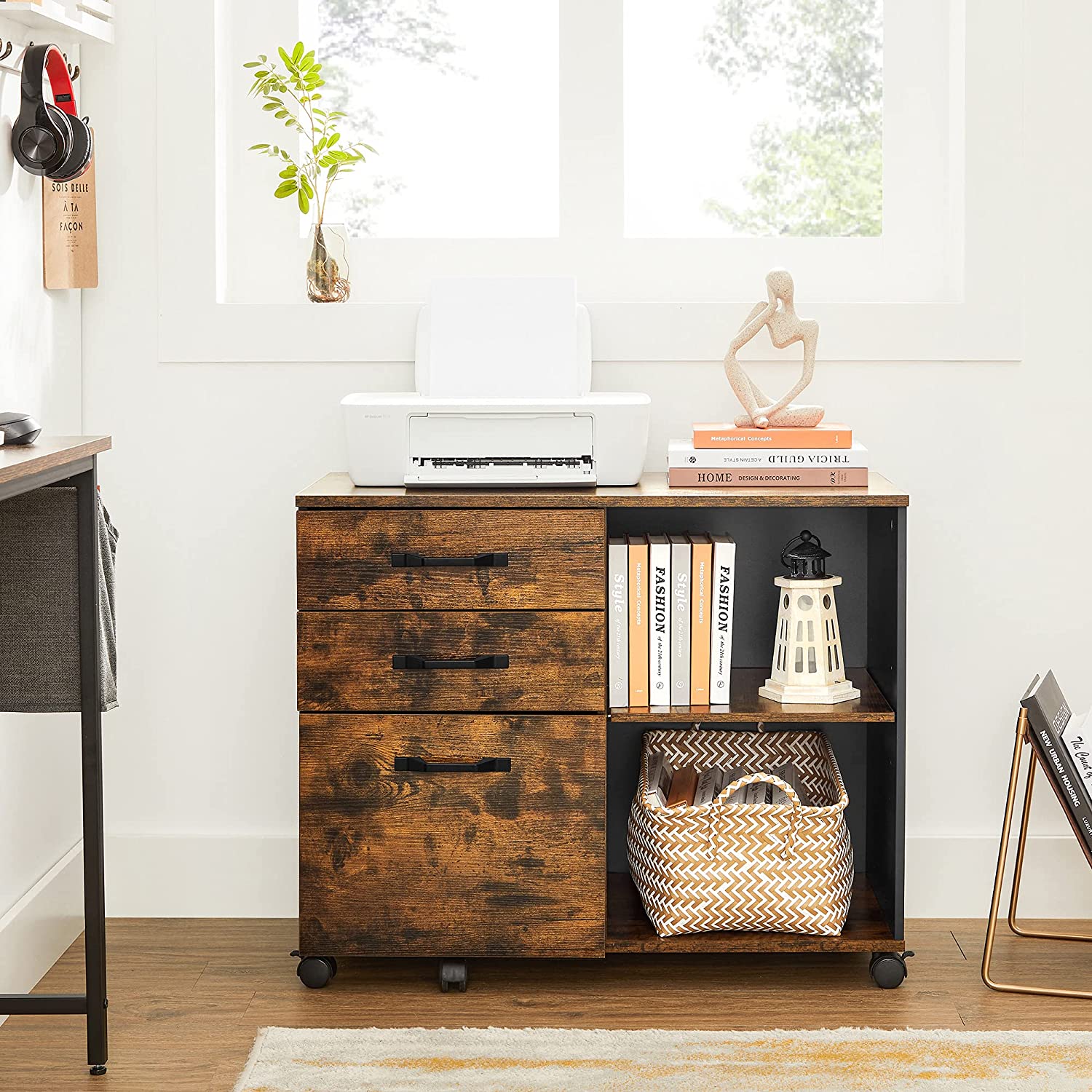 File Cabinet - Wood - Rustic Brown and Black - Mobile with Open Compartments and 3 Drawers