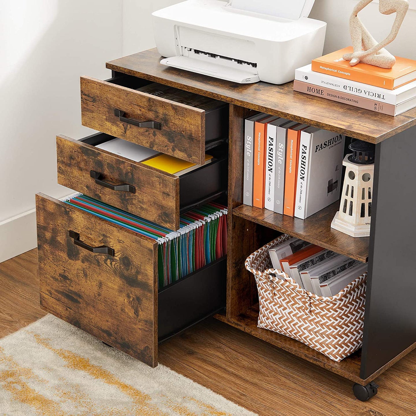 File Cabinet - Wood - Rustic Brown and Black - Mobile with Open Compartments and 3 Drawers