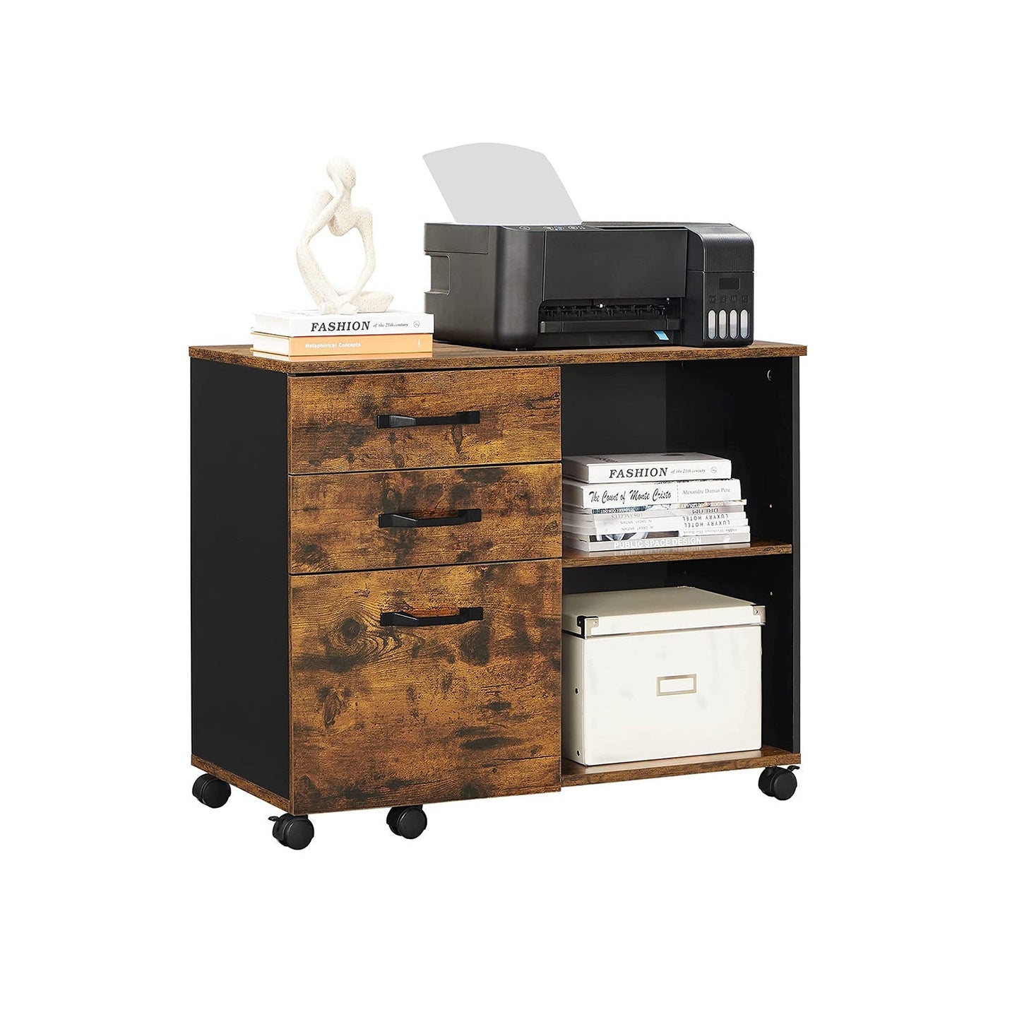 File Cabinet - Wood - Rustic Brown and Black - Mobile with Open Compartments and 3 Drawers