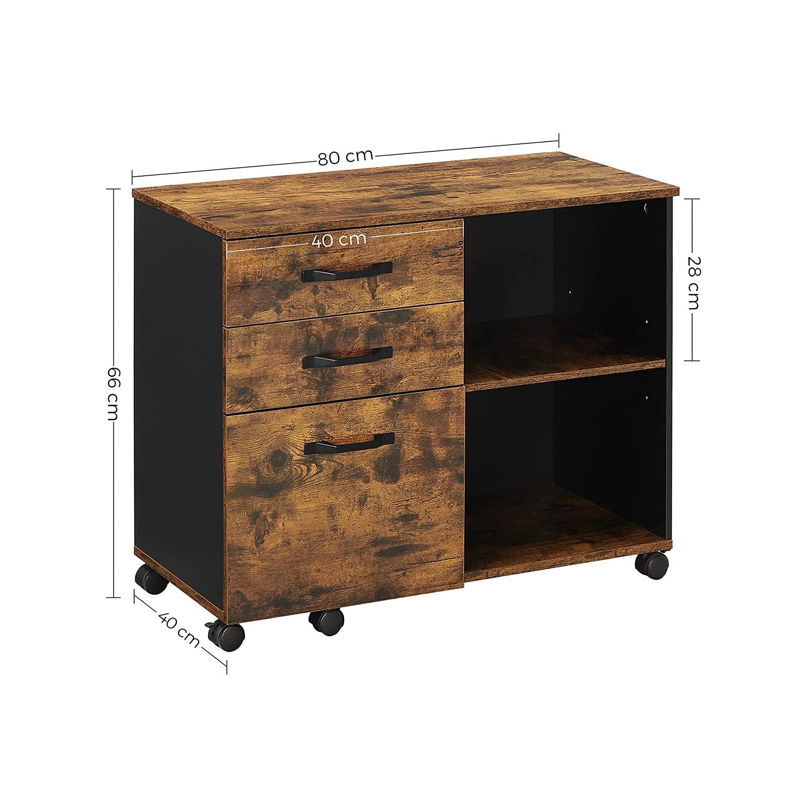 File Cabinet - Wood - Rustic Brown and Black - Mobile with Open Compartments and 3 Drawers