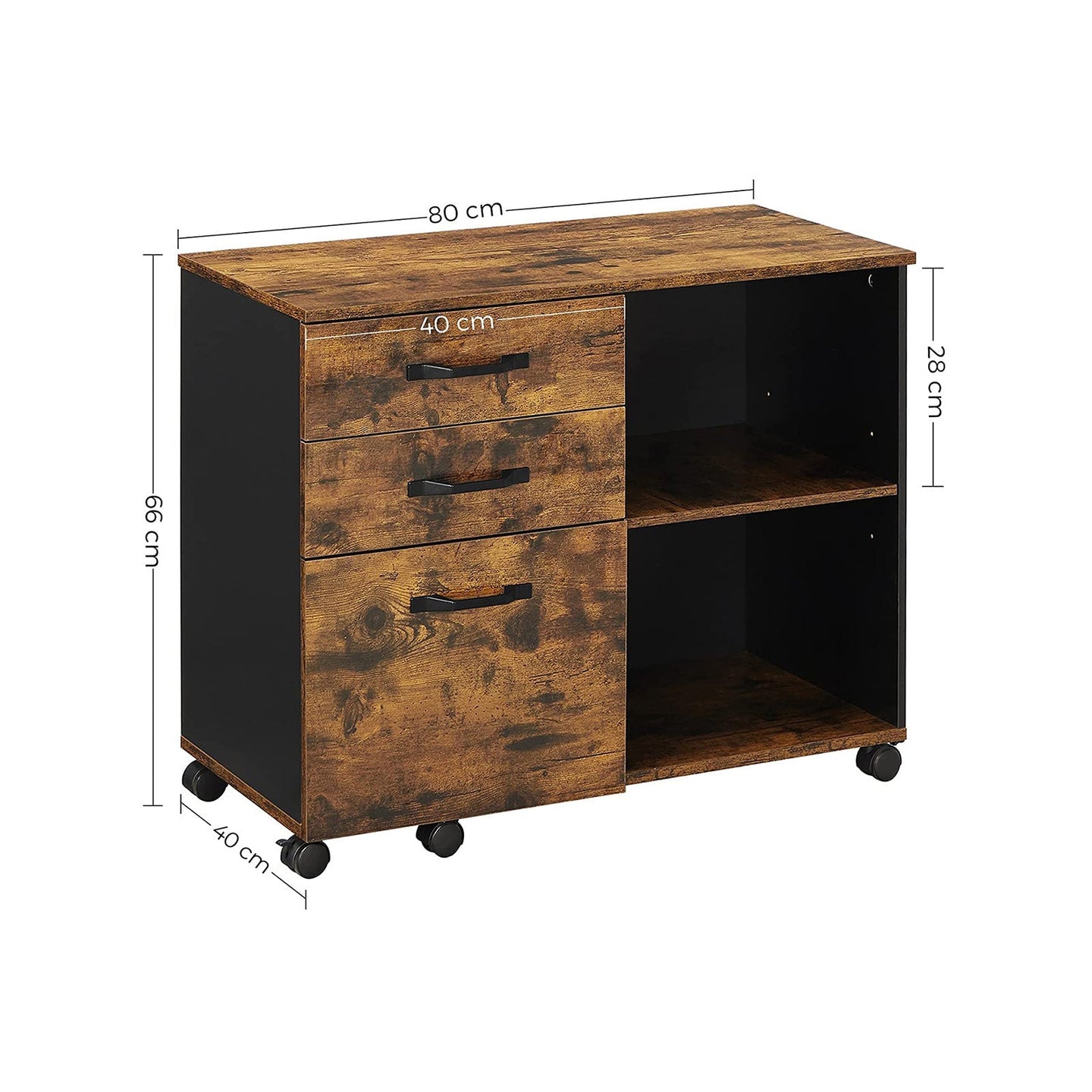 File Cabinet - Wood - Rustic Brown and Black - Mobile with Open Compartments and 3 Drawers