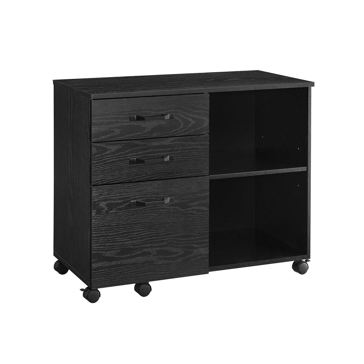 3-Drawer File Cabinet - Wood - Ebony Black - Mobile Lateral Design with Open Compartments