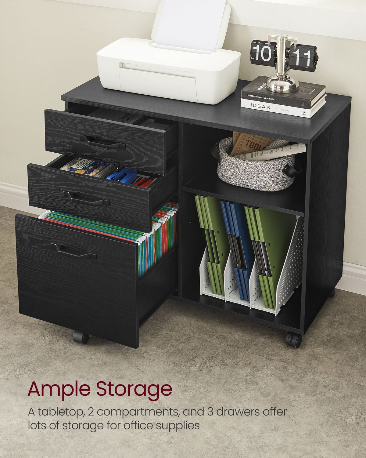 3-Drawer File Cabinet - Wood - Ebony Black - Mobile Lateral Design with Open Compartments