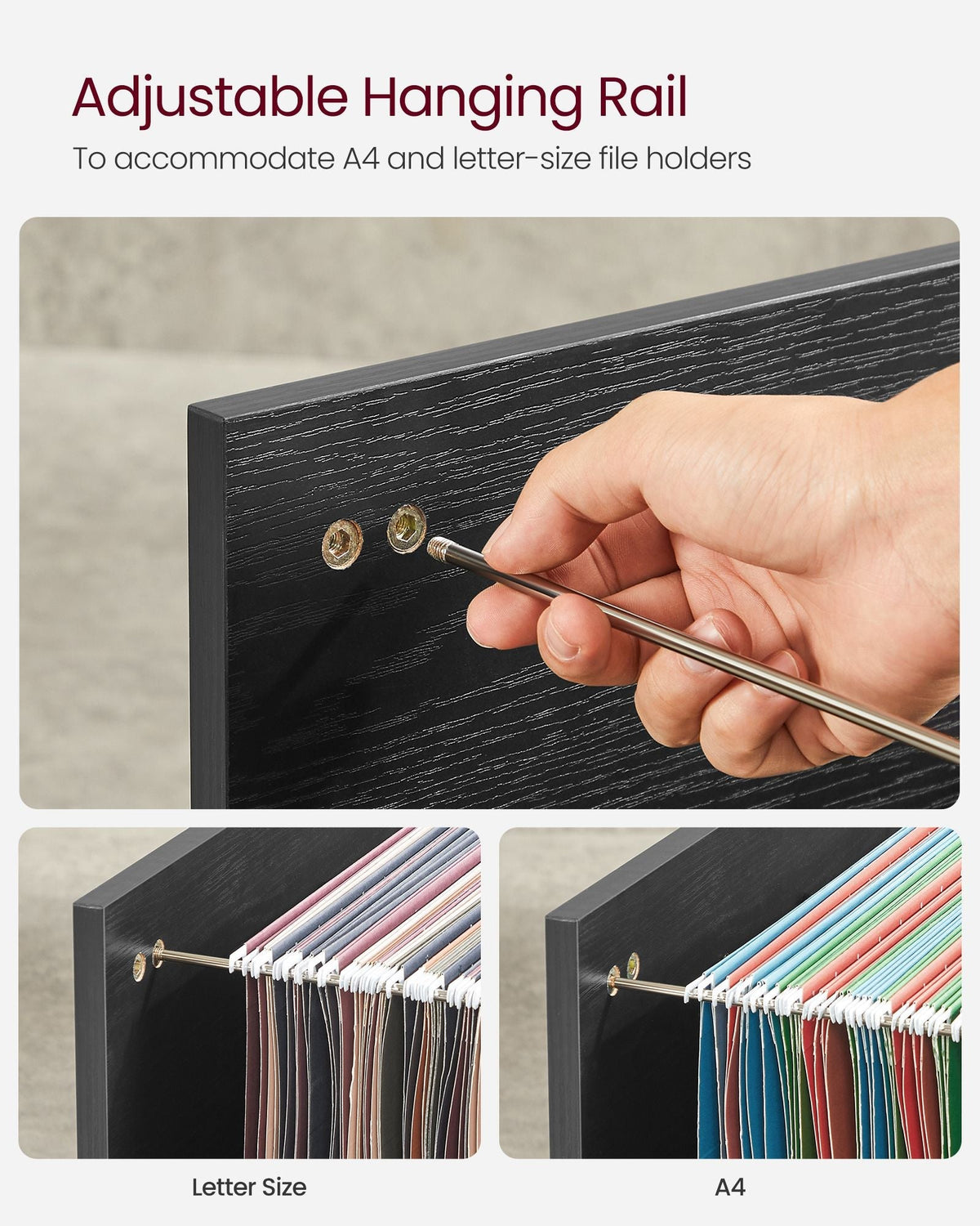 3-Drawer File Cabinet - Wood - Ebony Black - Mobile Lateral Design with Open Compartments