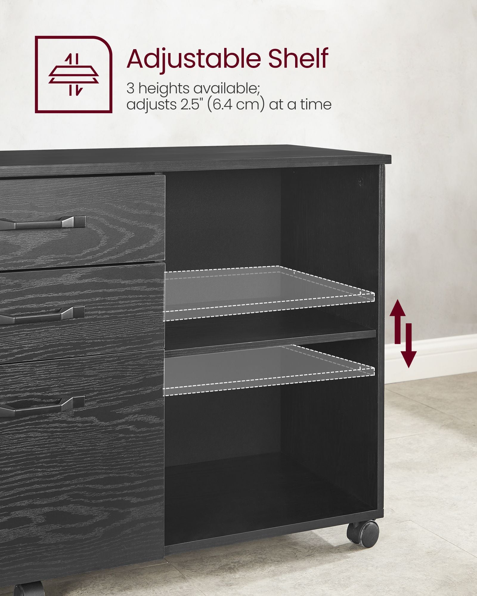 3-Drawer File Cabinet - Wood - Ebony Black - Mobile Lateral Design with Open Compartments