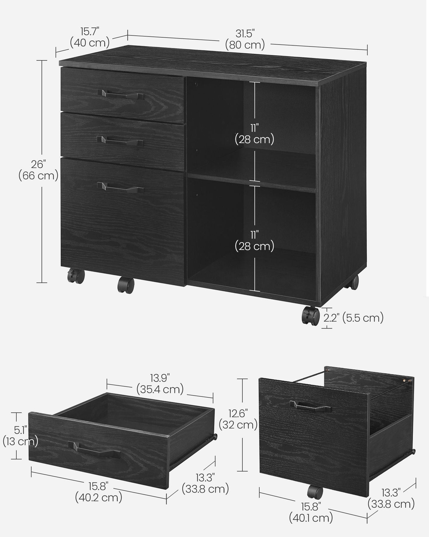 3-Drawer File Cabinet - Wood - Ebony Black - Mobile Lateral Design with Open Compartments