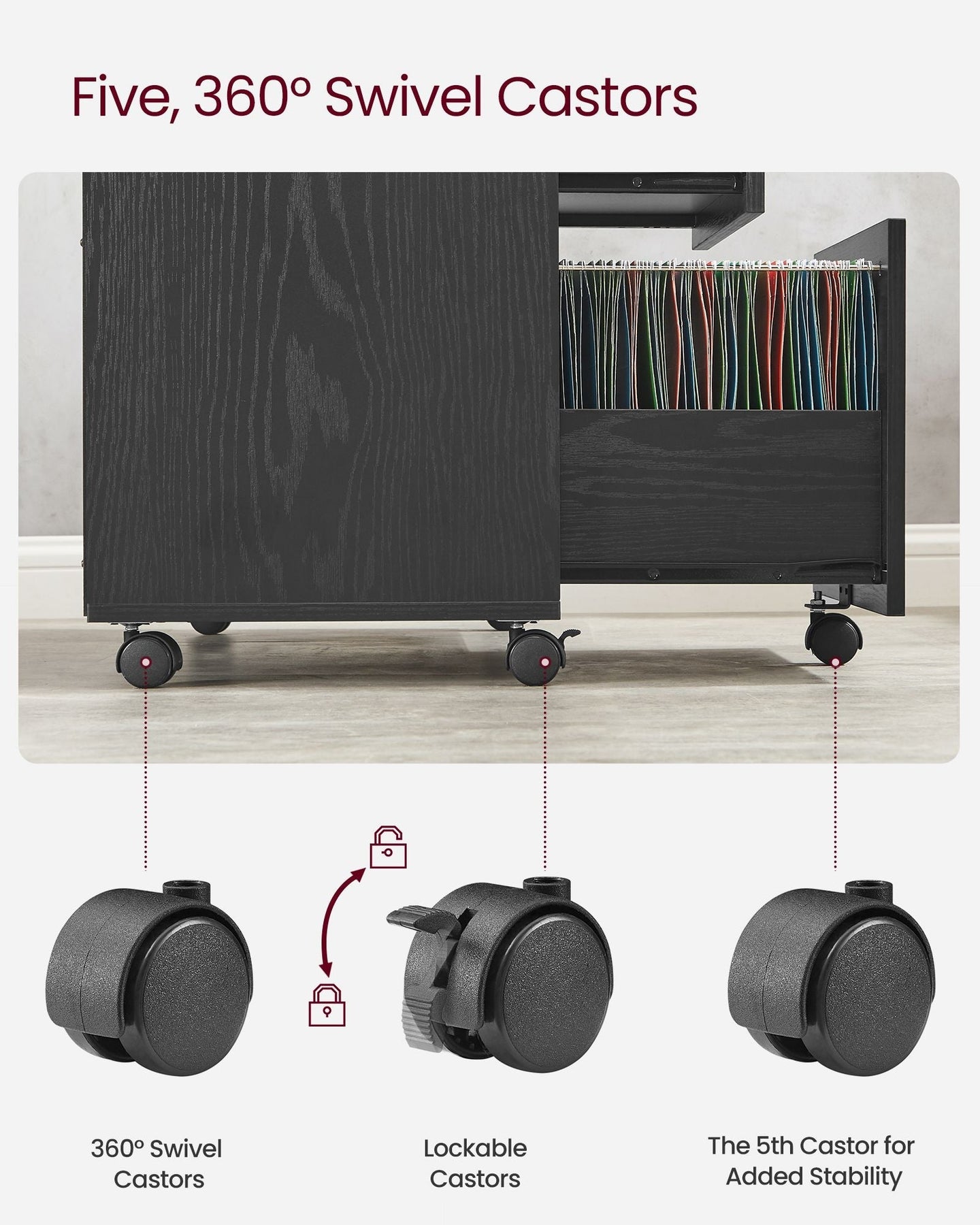 3-Drawer File Cabinet - Wood - Ebony Black - Mobile Lateral Design with Open Compartments