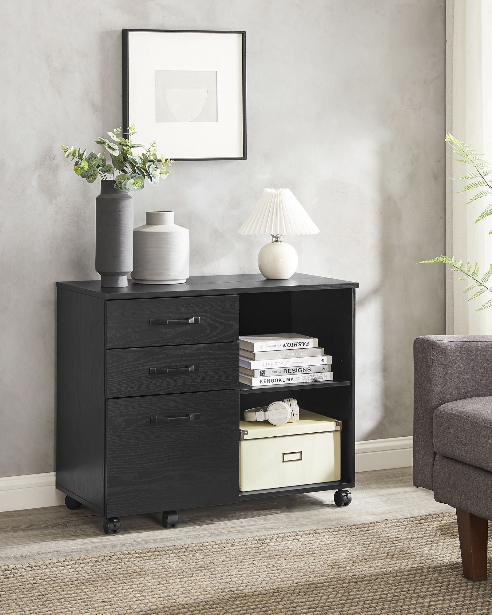 3-Drawer File Cabinet - Wood - Ebony Black - Mobile Lateral Design with Open Compartments