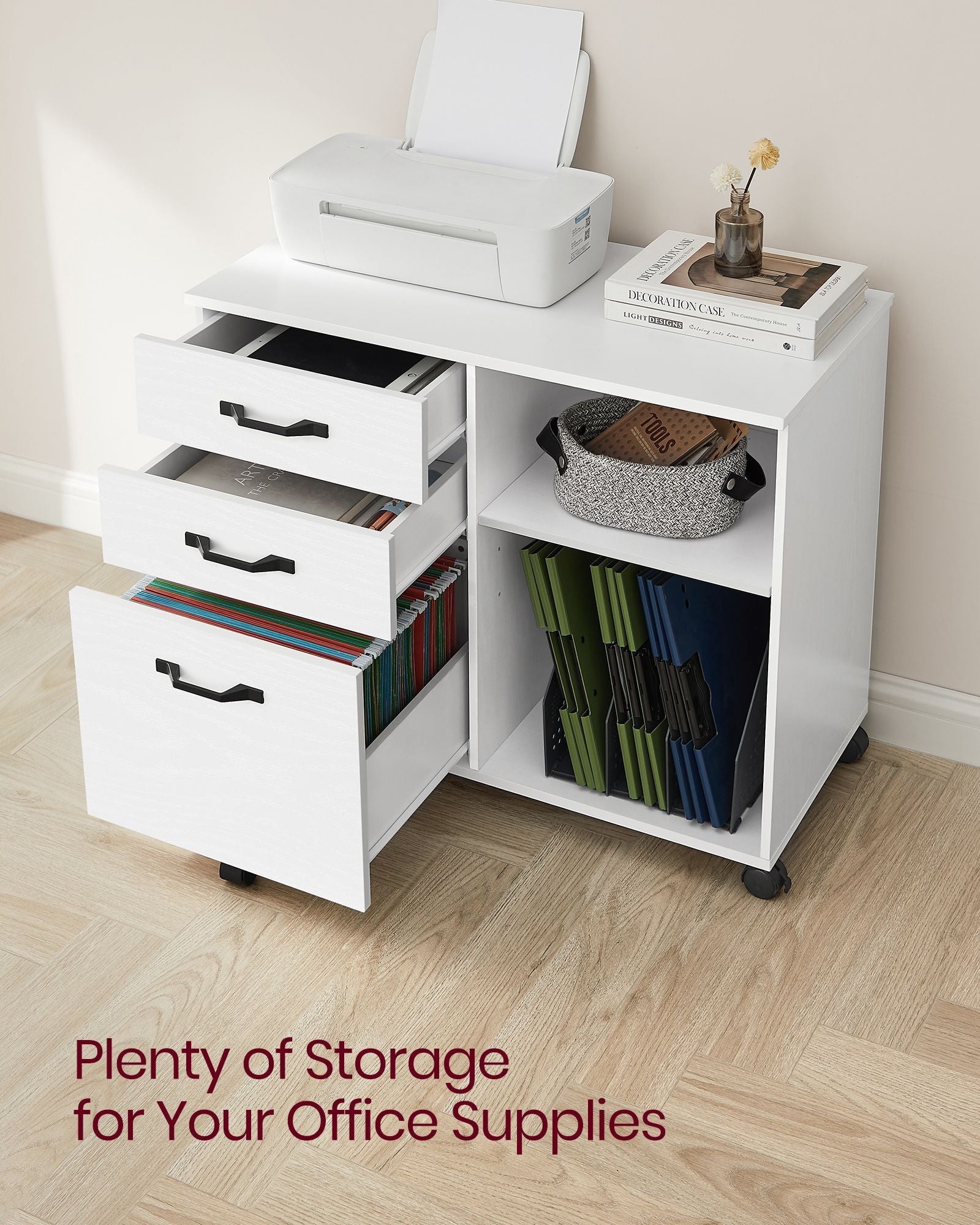 File Cabinet - Wood - White and Rustic Brown - Mobile with Open Compartments