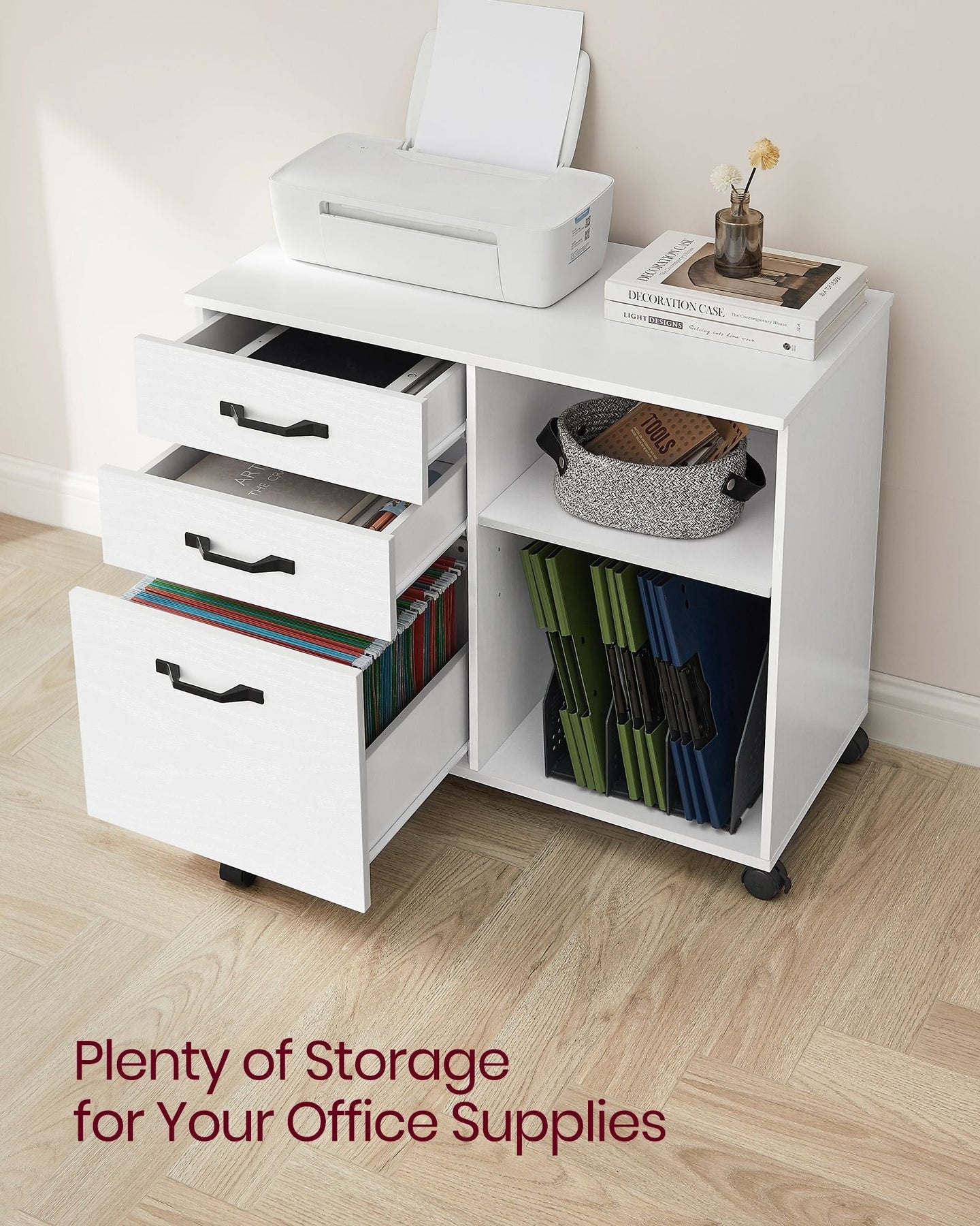 File Cabinet - Wood - White and Rustic Brown - Mobile with Open Compartments