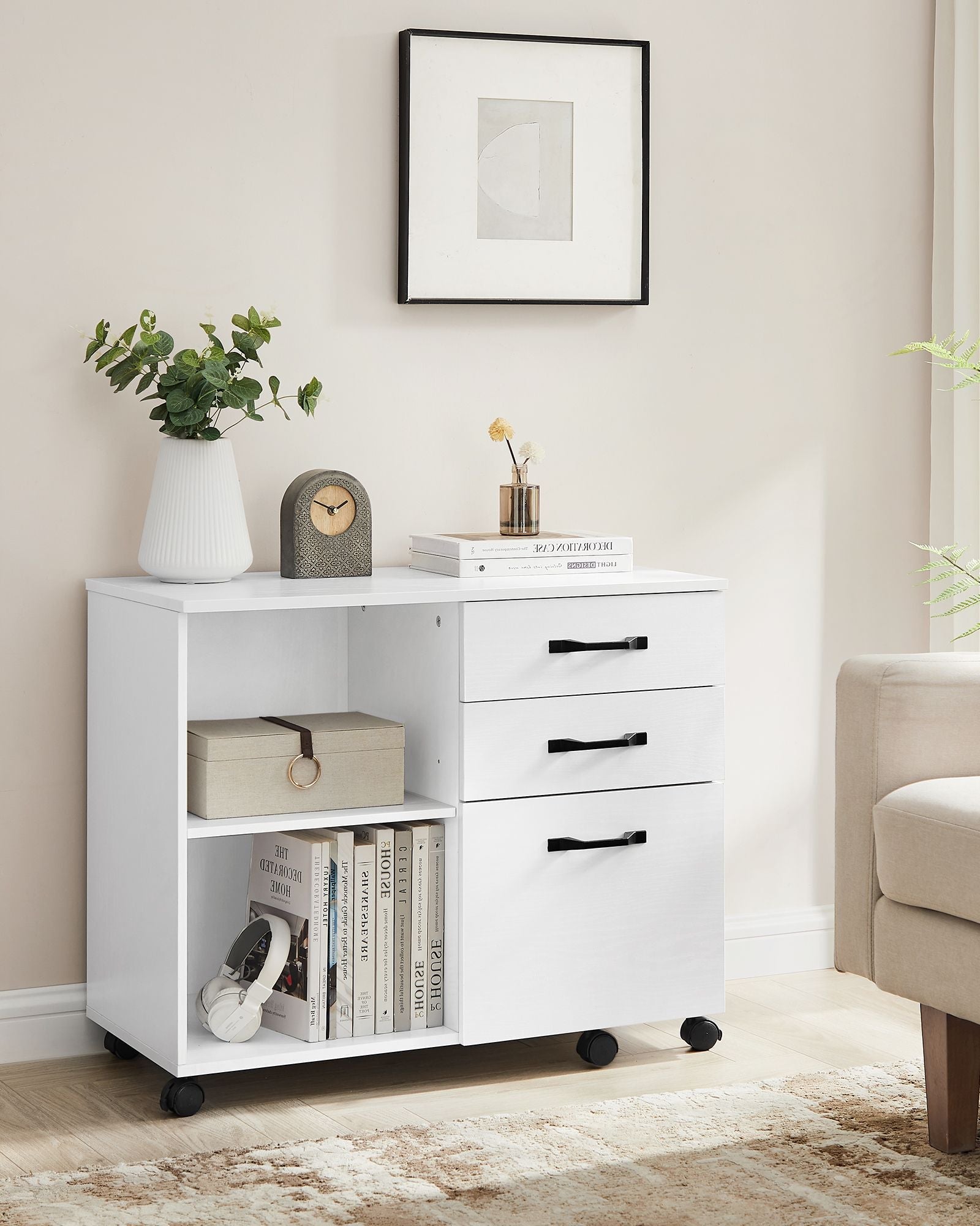 File Cabinet - Wood - White and Rustic Brown - Mobile with Open Compartments