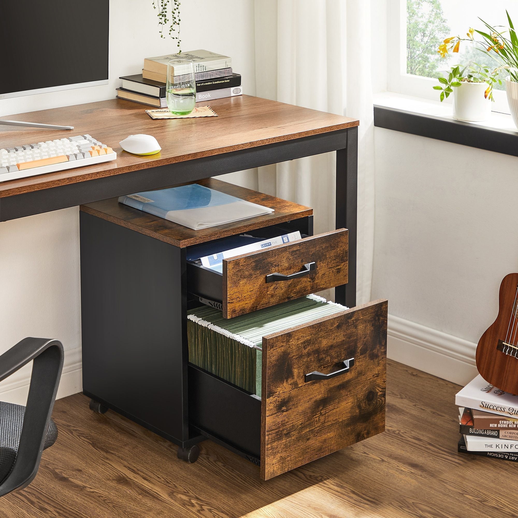 File Cabinet - Particle Board - Rustic Brown - Rolling Design with 2 Drawers