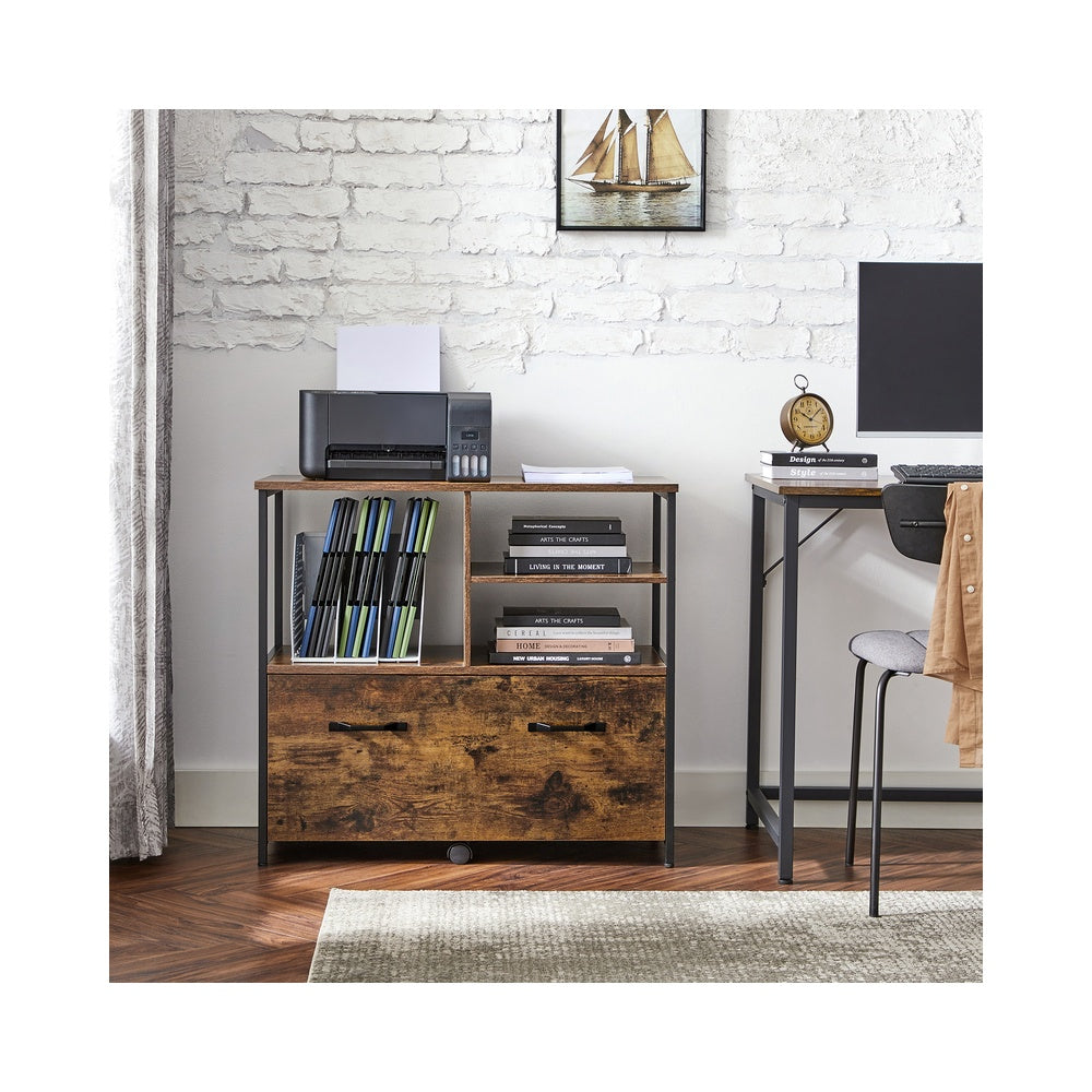 Mobile Filing Cabinet - Wood - Rustic Brown and Black - With Drawers and Open Shelves