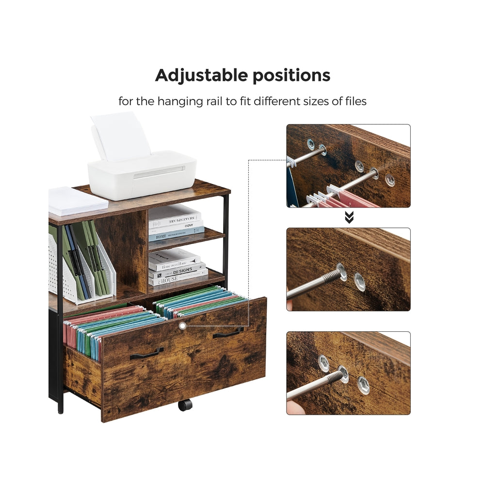 Mobile Filing Cabinet - Wood - Rustic Brown and Black - With Drawers and Open Shelves