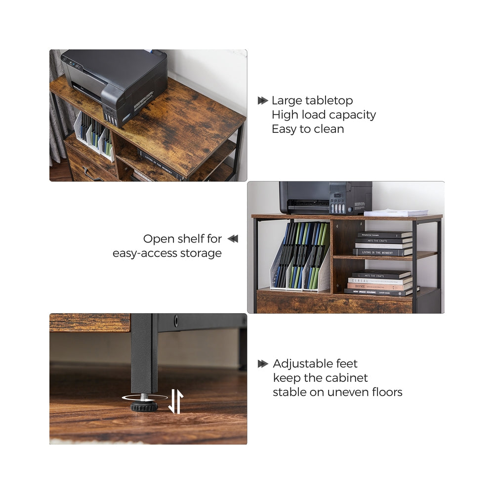 Mobile Filing Cabinet - Wood - Rustic Brown and Black - With Drawers and Open Shelves