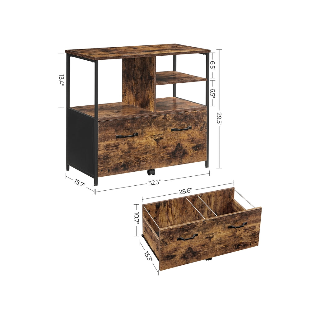 Mobile Filing Cabinet - Wood - Rustic Brown and Black - With Drawers and Open Shelves