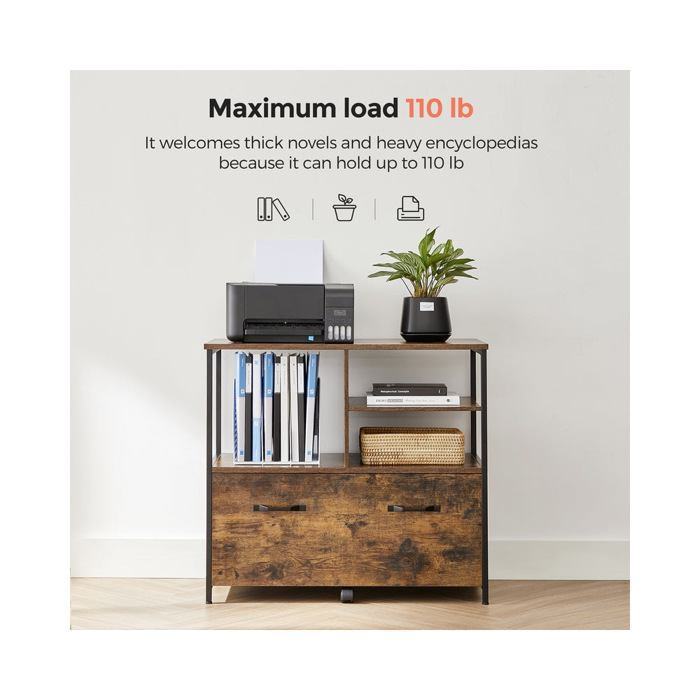 Mobile Filing Cabinet - Wood - Rustic Brown and Black - With Drawers and Open Shelves