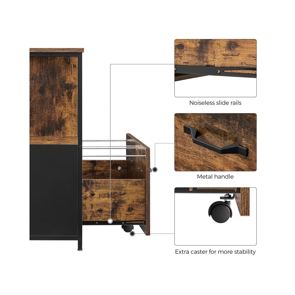 Mobile Filing Cabinet - Wood - Rustic Brown and Black - With Drawers and Open Shelves