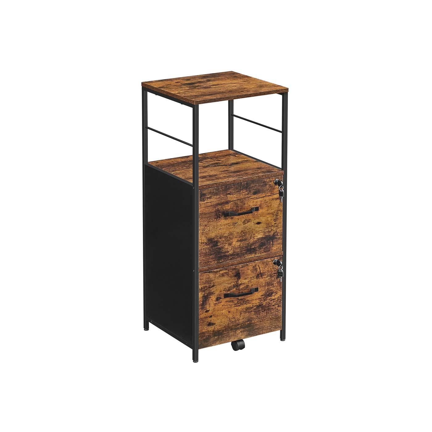 Filing Cabinet - Steel - Rustic Brown and Black - 2 Drawers with Open Shelf