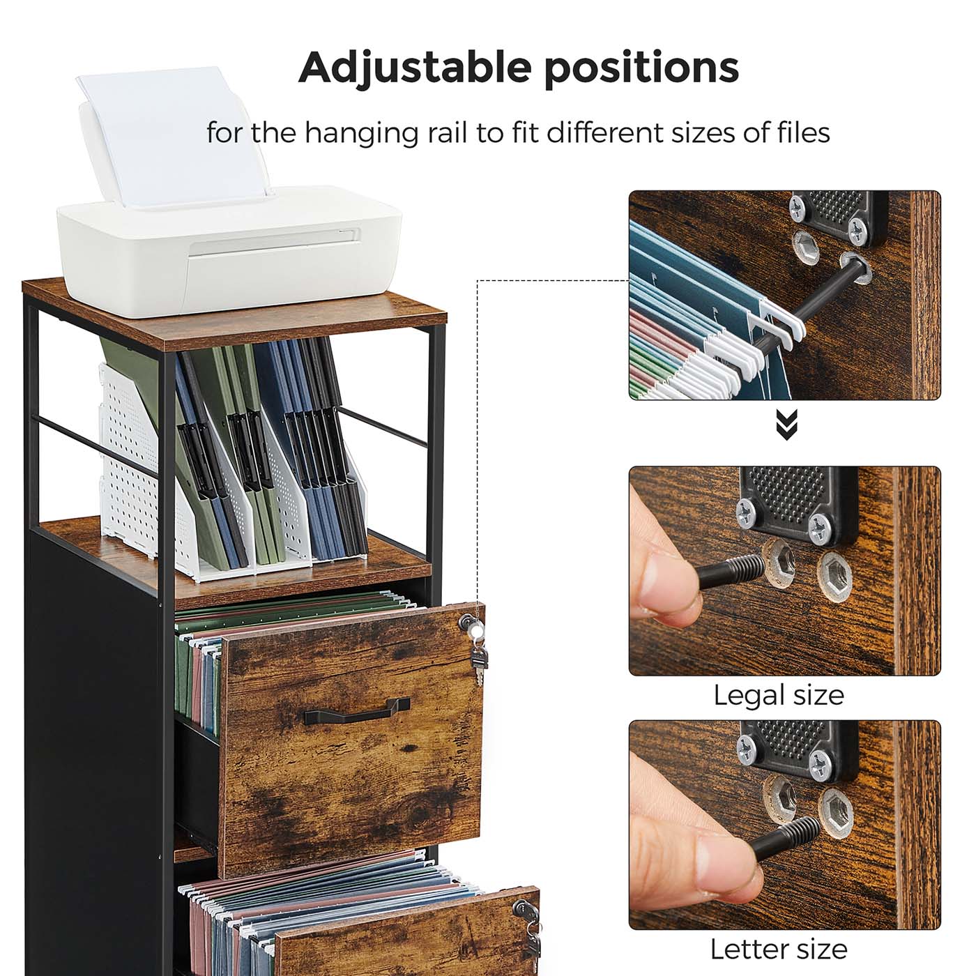 Filing Cabinet - Steel - Rustic Brown and Black - 2 Drawers with Open Shelf