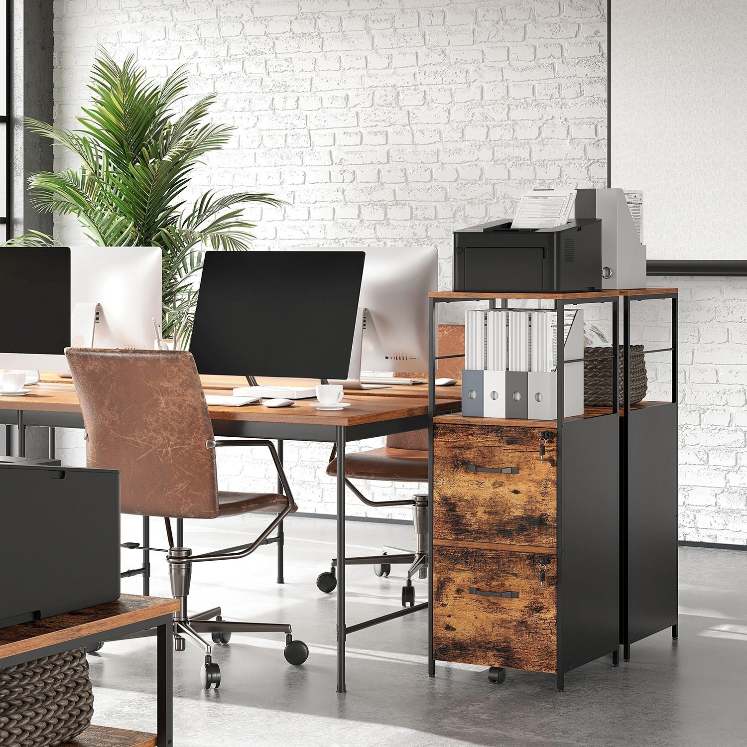 Filing Cabinet - Steel - Rustic Brown and Black - 2 Drawers with Open Shelf