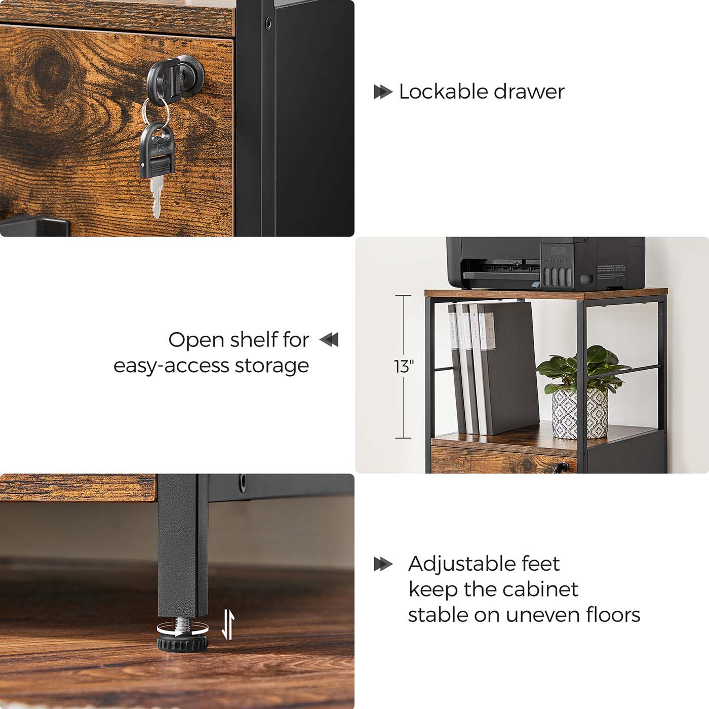 Filing Cabinet - Steel - Rustic Brown and Black - 2 Drawers with Open Shelf