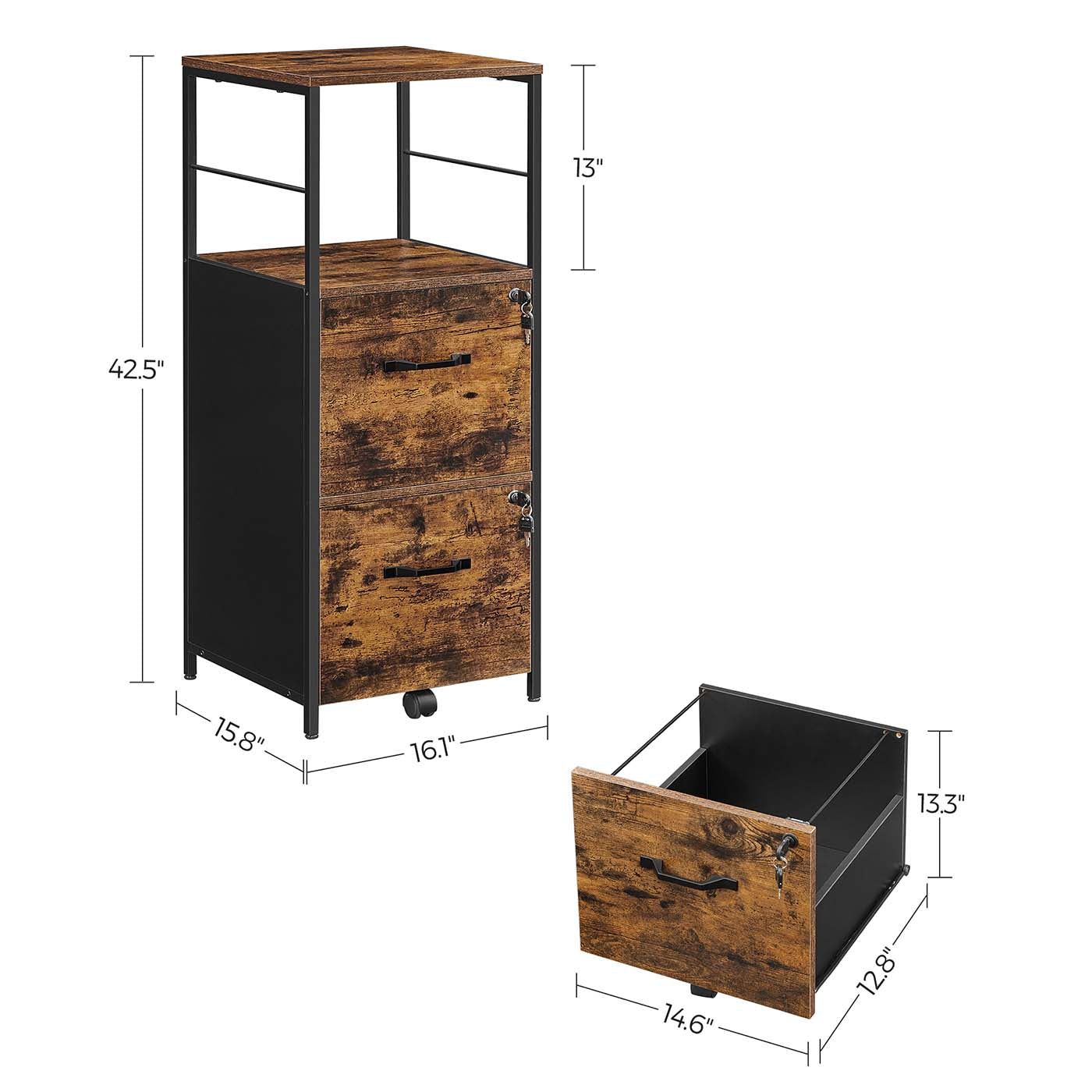 Filing Cabinet - Steel - Rustic Brown and Black - 2 Drawers with Open Shelf