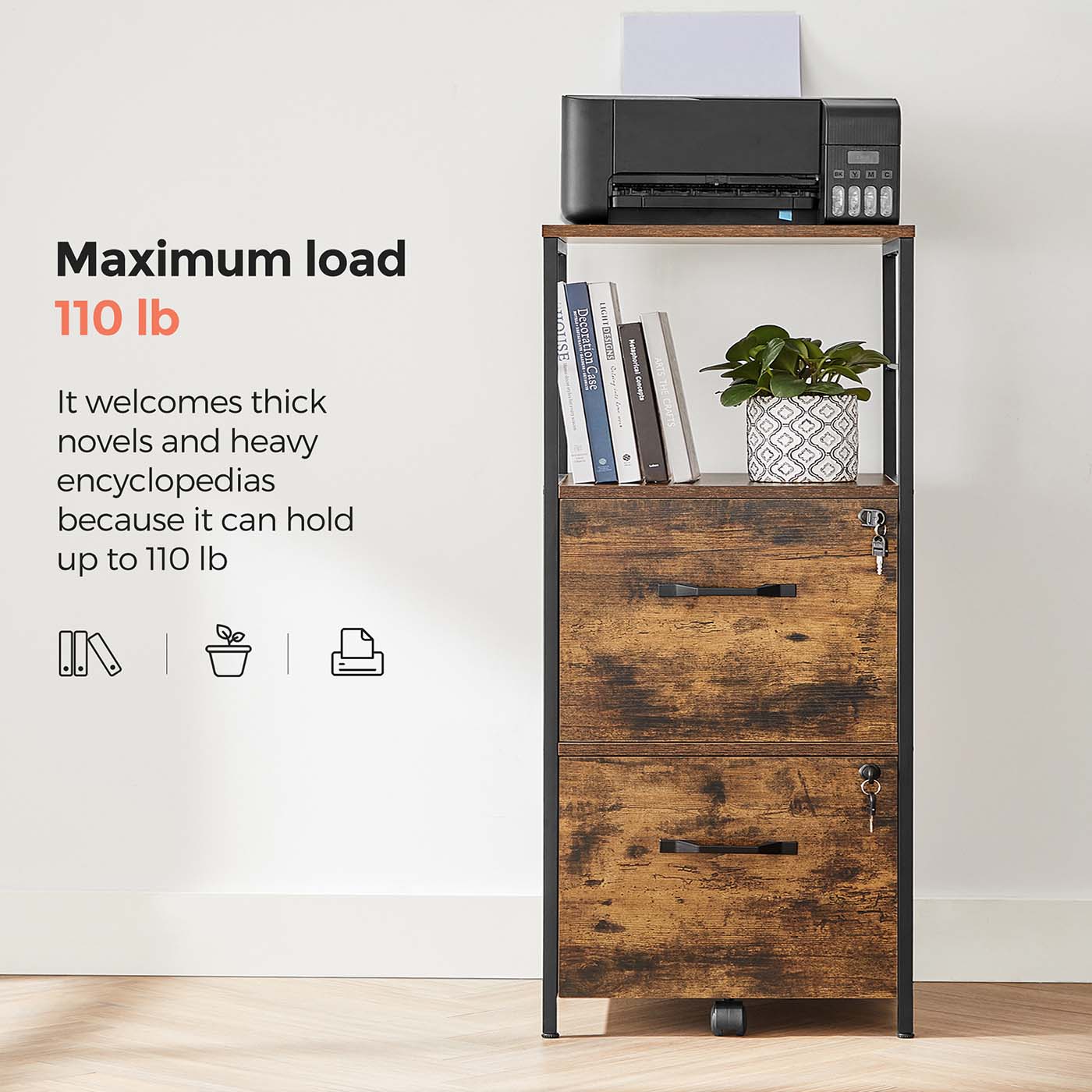 Filing Cabinet - Steel - Rustic Brown and Black - 2 Drawers with Open Shelf