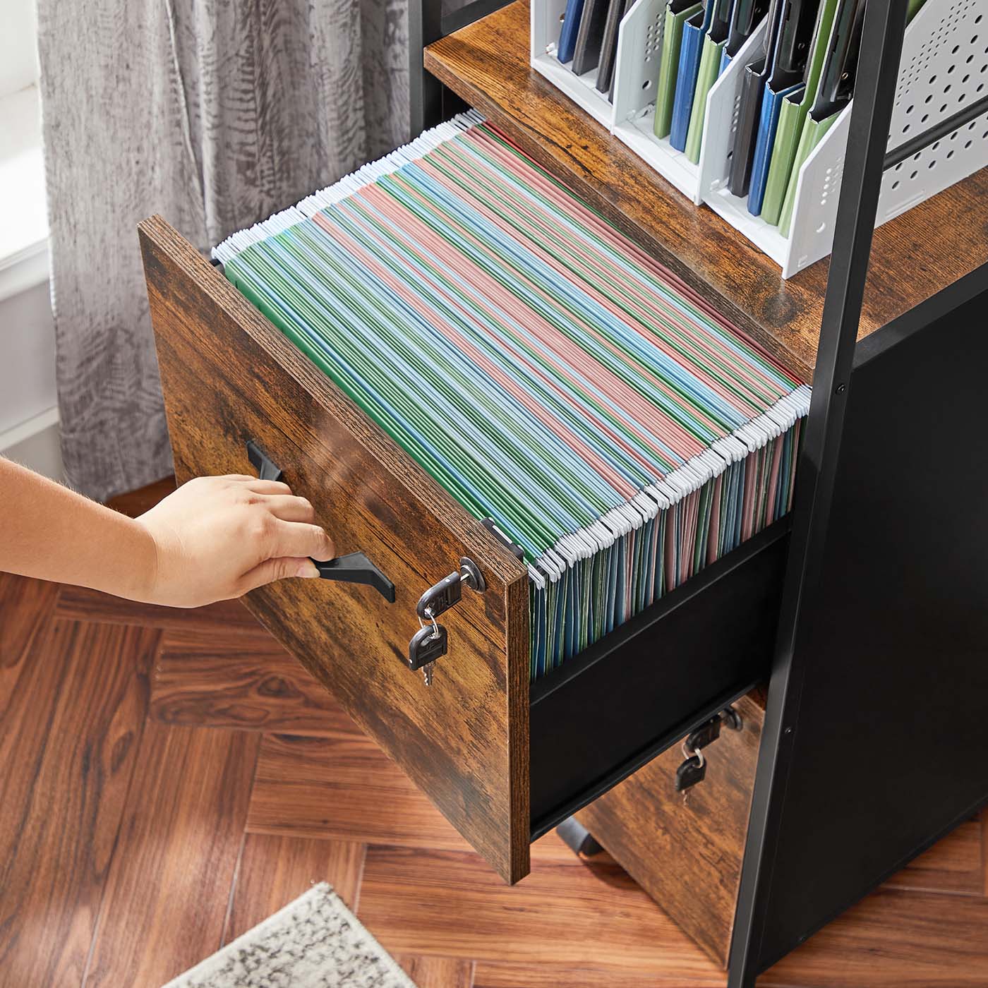 Filing Cabinet - Steel - Rustic Brown and Black - 2 Drawers with Open Shelf