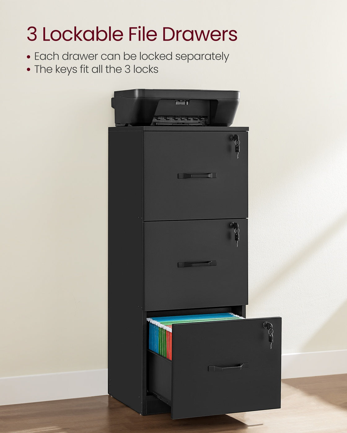 Filing Cabinet - Wood - Cloud White - 3 Lockable Drawers with Adjustable Hanging Rail