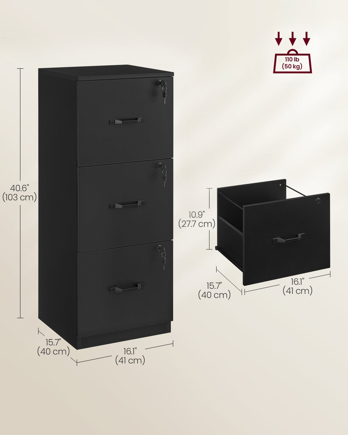 Filing Cabinet - Wood - Cloud White - 3 Lockable Drawers with Adjustable Hanging Rail