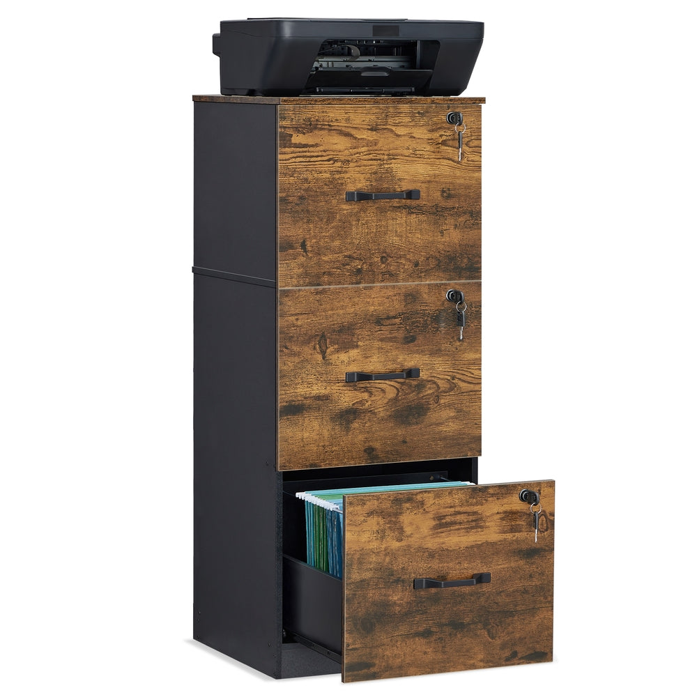 File Cabinet Filing Cabinet for Home Offic - Wood and MDF - Rustic Brown And Ink Black - with 3 Lockable Drawers
