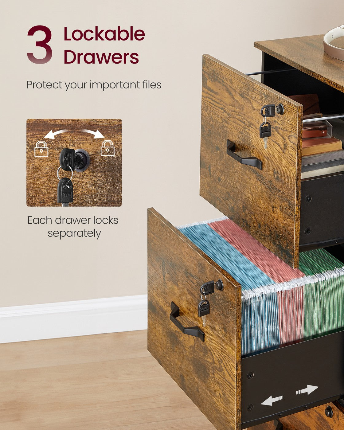 File Cabinet Filing Cabinet for Home Offic - Wood and MDF - Rustic Brown And Ink Black - with 3 Lockable Drawers