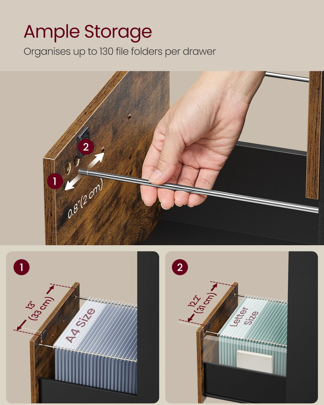 File Cabinet Filing Cabinet for Home Offic - Wood and MDF - Rustic Brown And Ink Black - with 3 Lockable Drawers