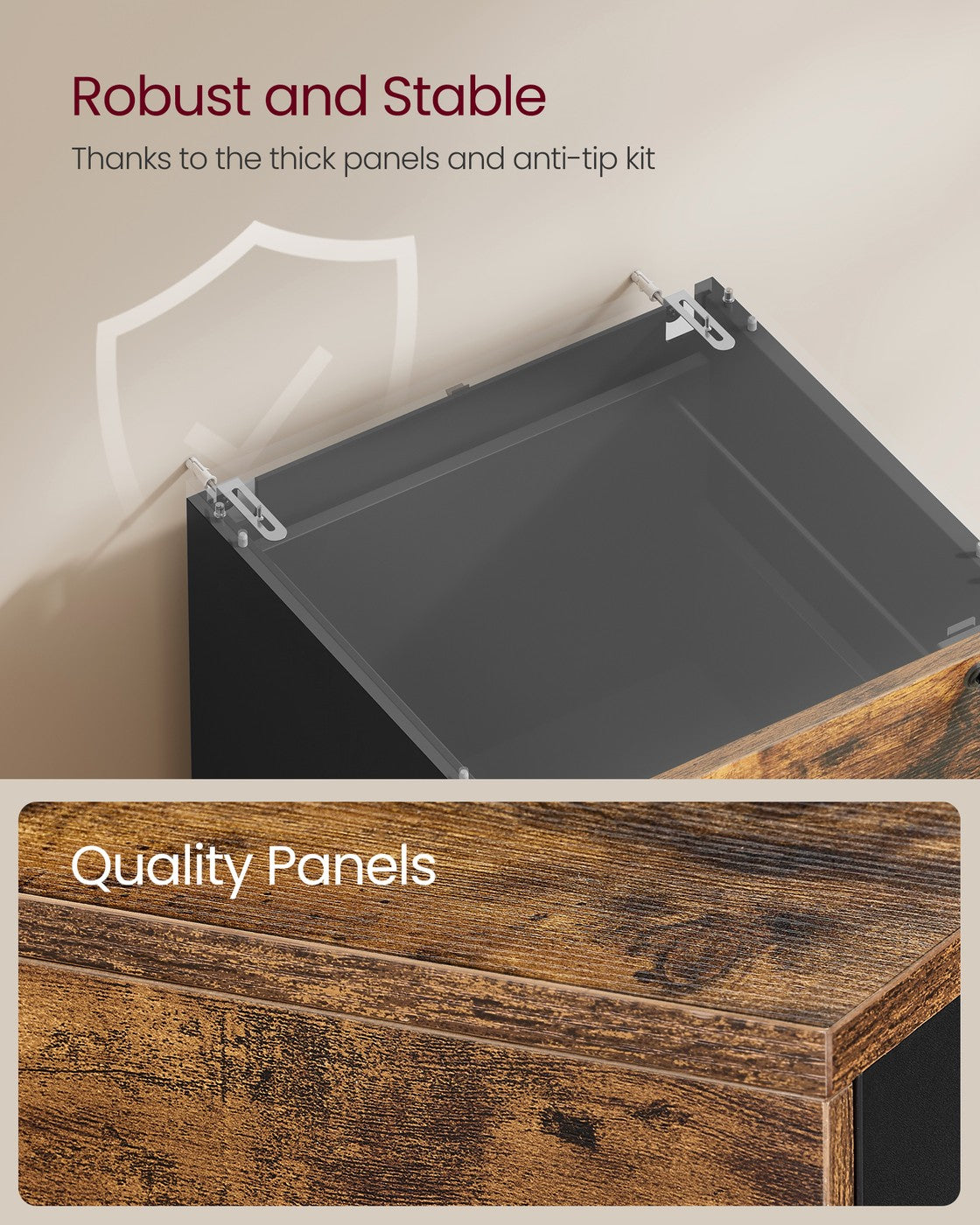 File Cabinet Filing Cabinet for Home Offic - Wood and MDF - Rustic Brown And Ink Black - with 3 Lockable Drawers