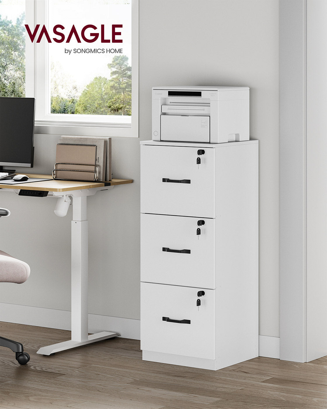 File Cabinet - Wood - Cloud White - Lockable with Adjustable Hanging Rail