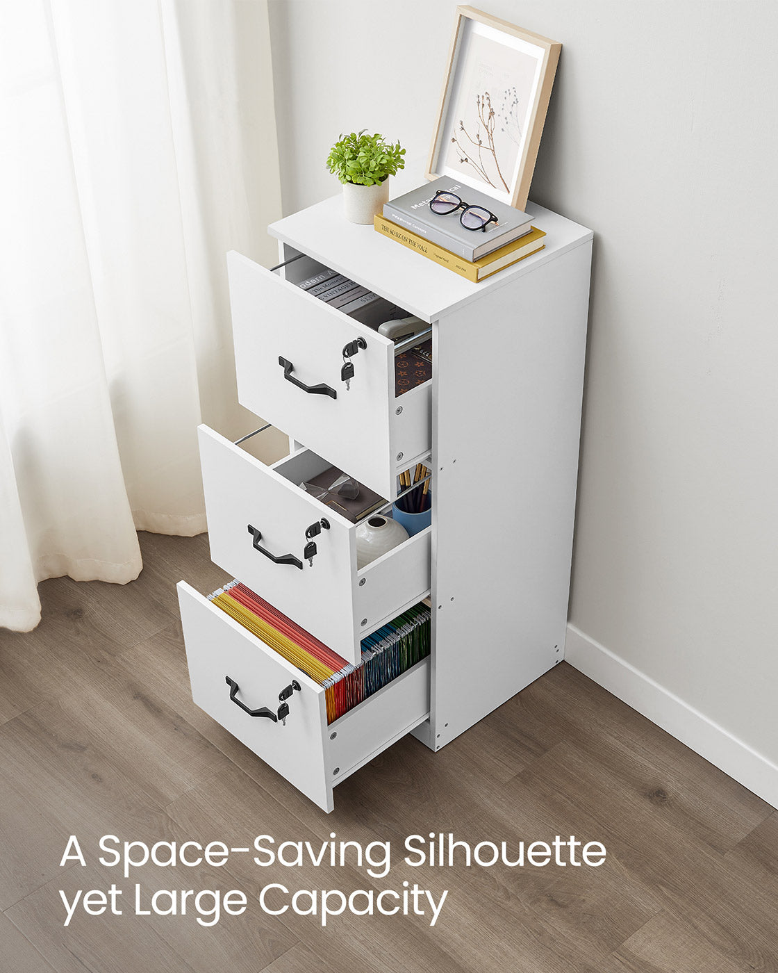 File Cabinet - Wood - Cloud White - Lockable with Adjustable Hanging Rail