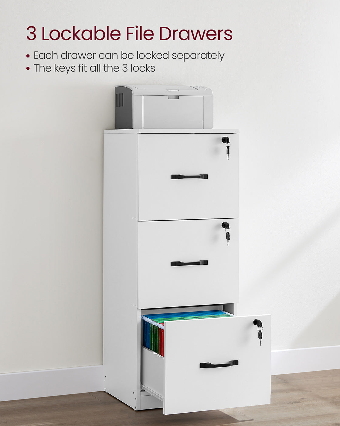 File Cabinet - Wood - Cloud White - Lockable with Adjustable Hanging Rail