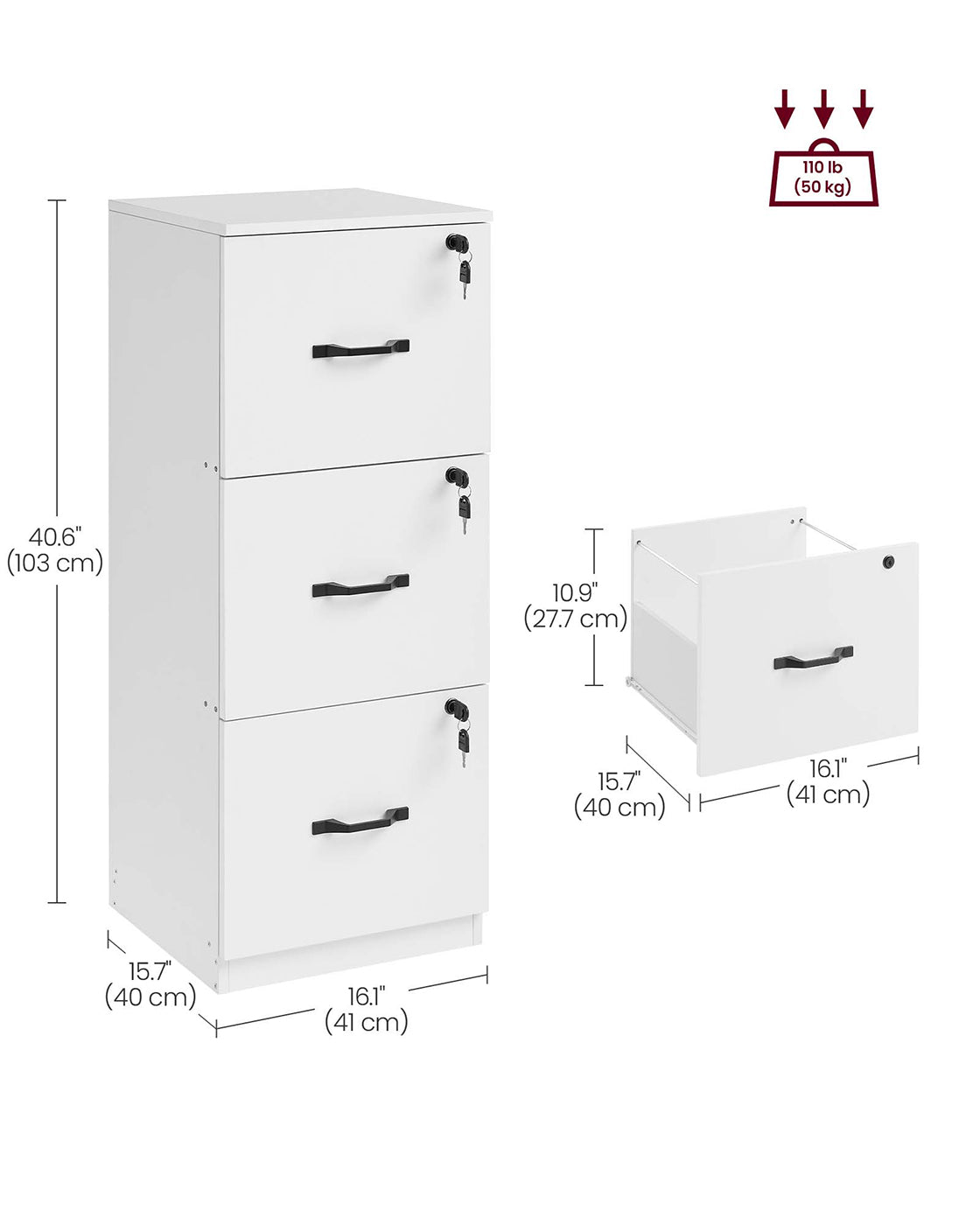 File Cabinet - Wood - Cloud White - Lockable with Adjustable Hanging Rail