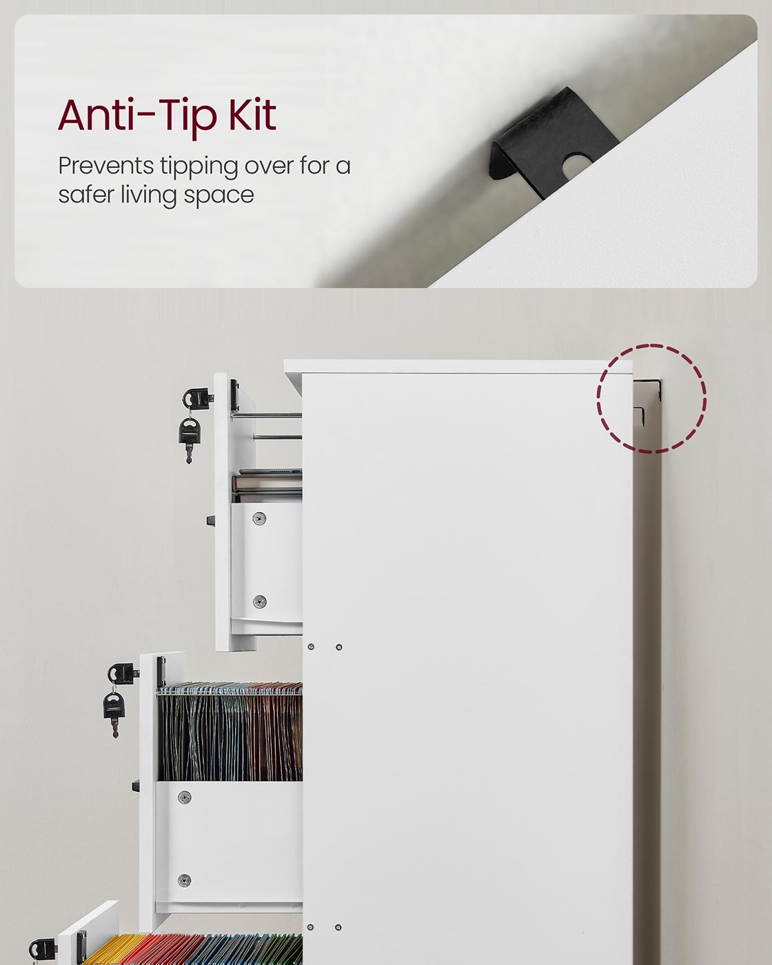 File Cabinet - Wood - Cloud White - Lockable with Adjustable Hanging Rail