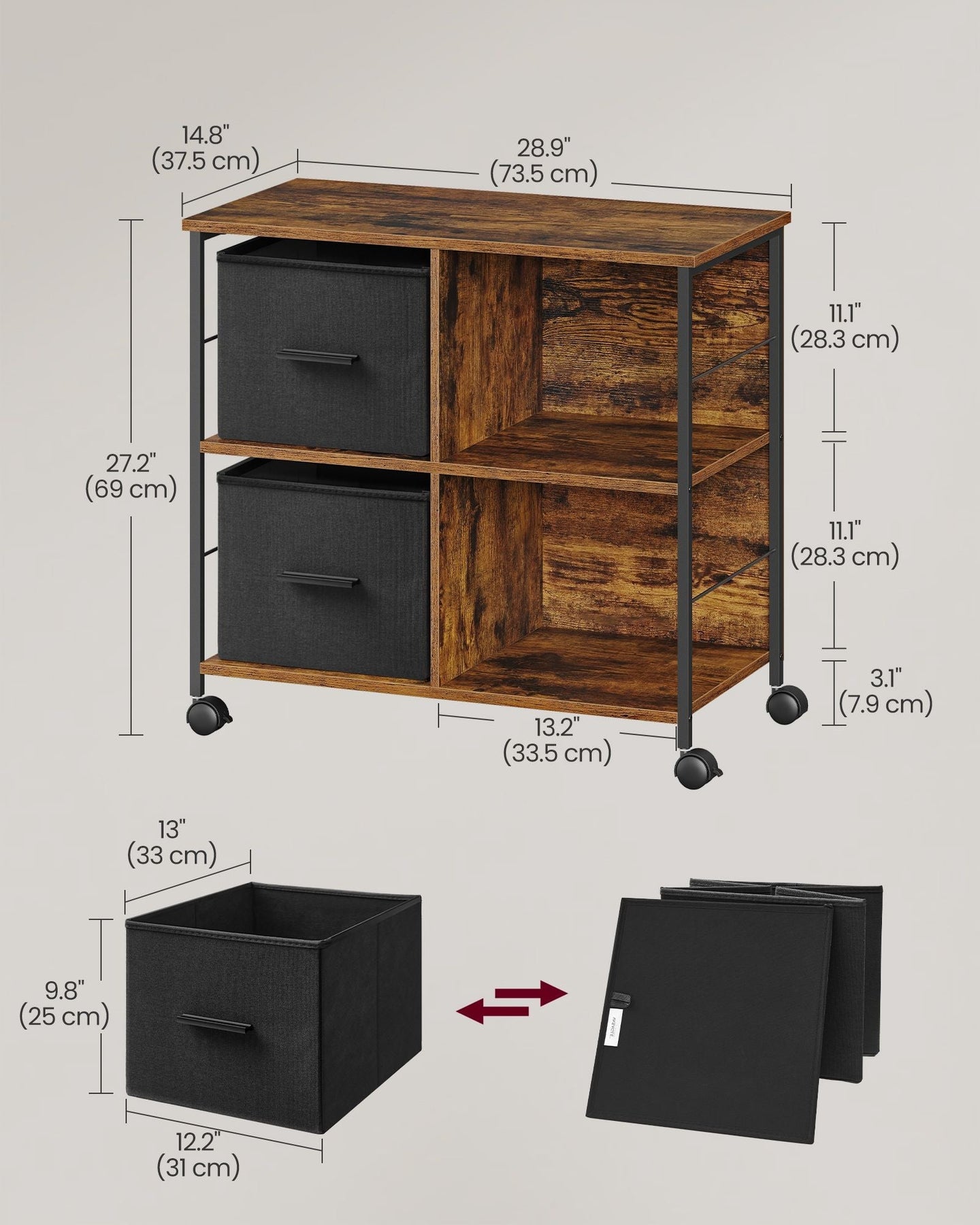 Filing Cabinet - Wood - Brown - 2 Drawers with Shelf and Printer Stand