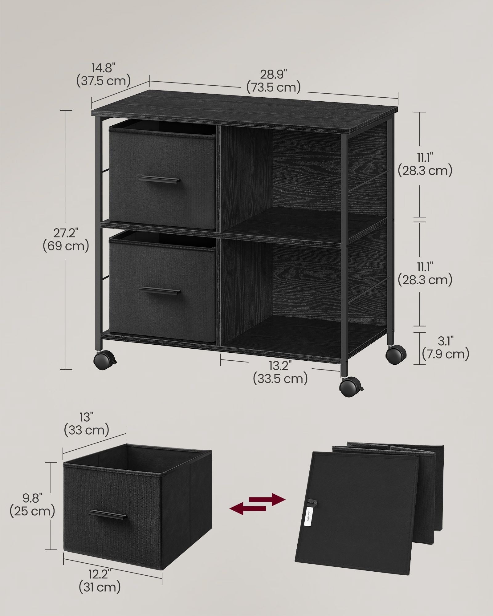 Filing Cabinet - Wood - Brown - 2 Drawers with Shelf and Printer Stand