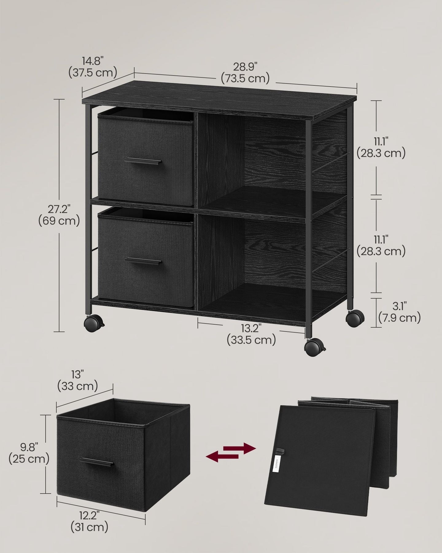Filing Cabinet - Wood - Brown - 2 Drawers with Shelf and Printer Stand