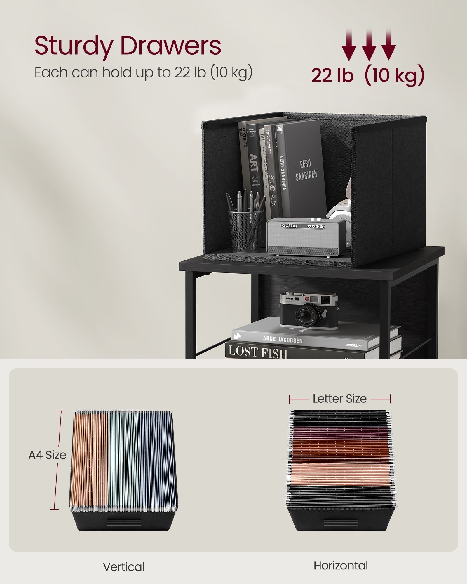 Filing Cabinet - Wood - Ebony Black - 3 Drawers with Bookshelf and Printer Stand