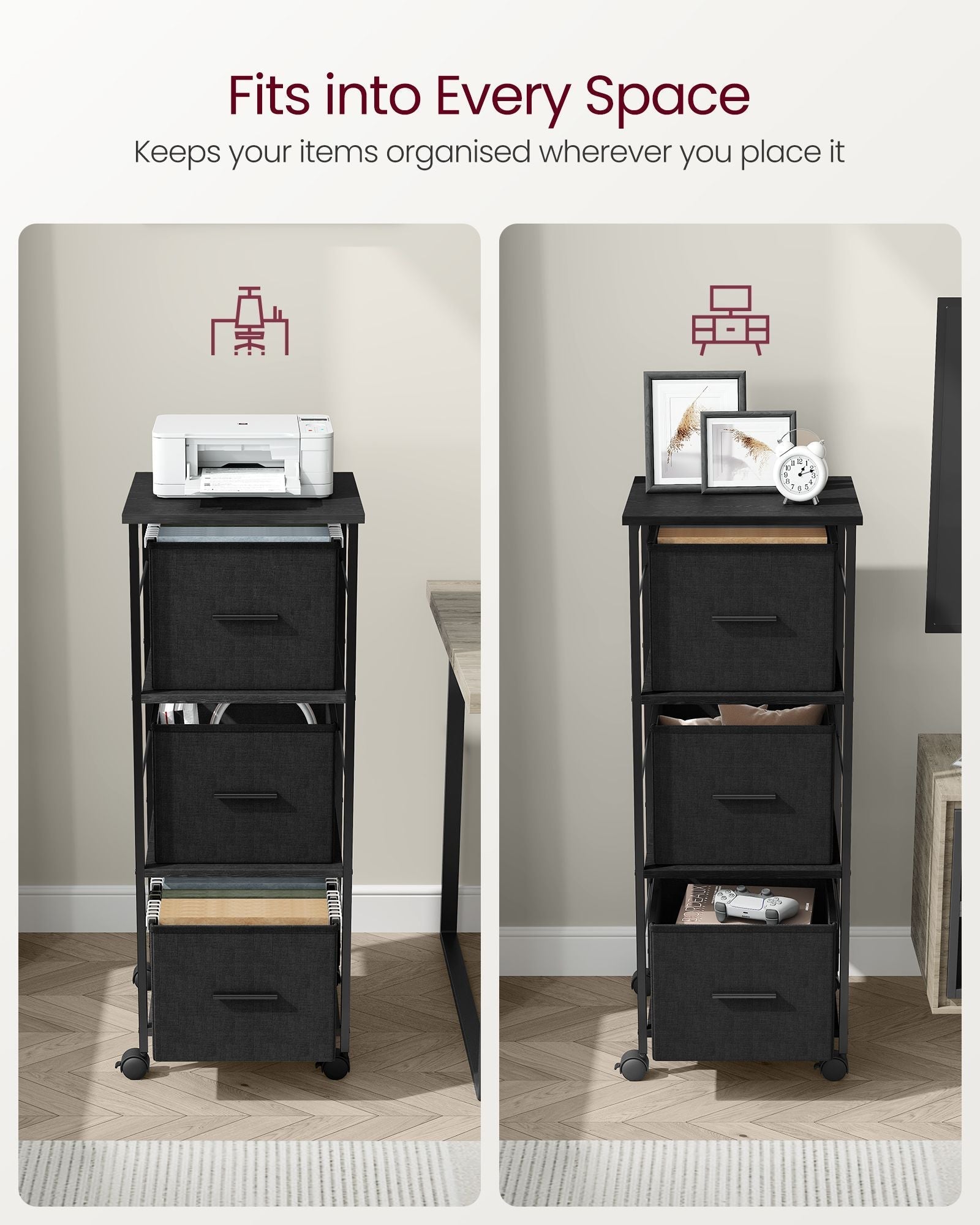 Filing Cabinet - Wood - Ebony Black - 3 Drawers with Bookshelf and Printer Stand