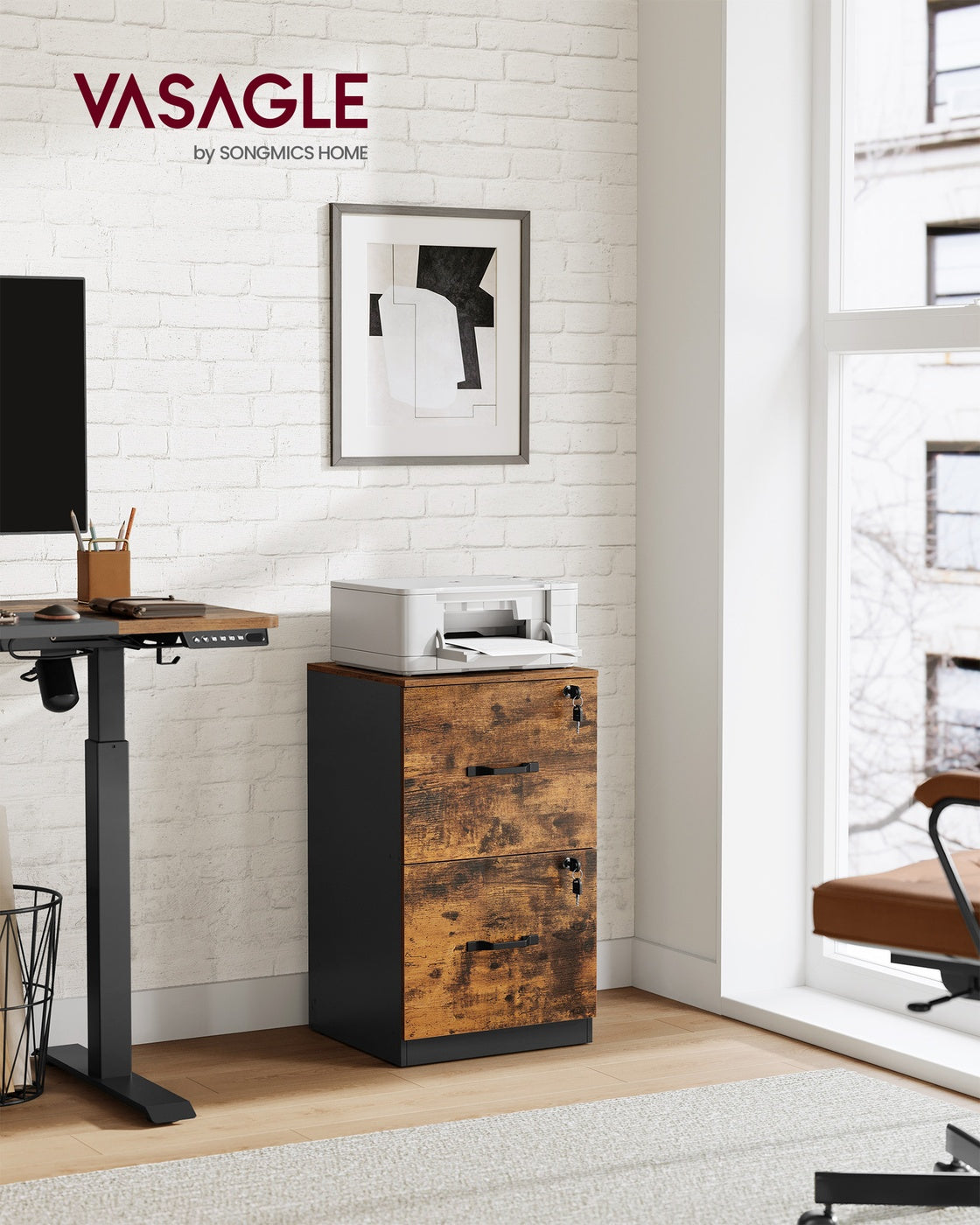 File Cabinet Filing Cabinet for Home Office - Wood - Rustic Brown and Ink Black - with 2 Lockable Drawers