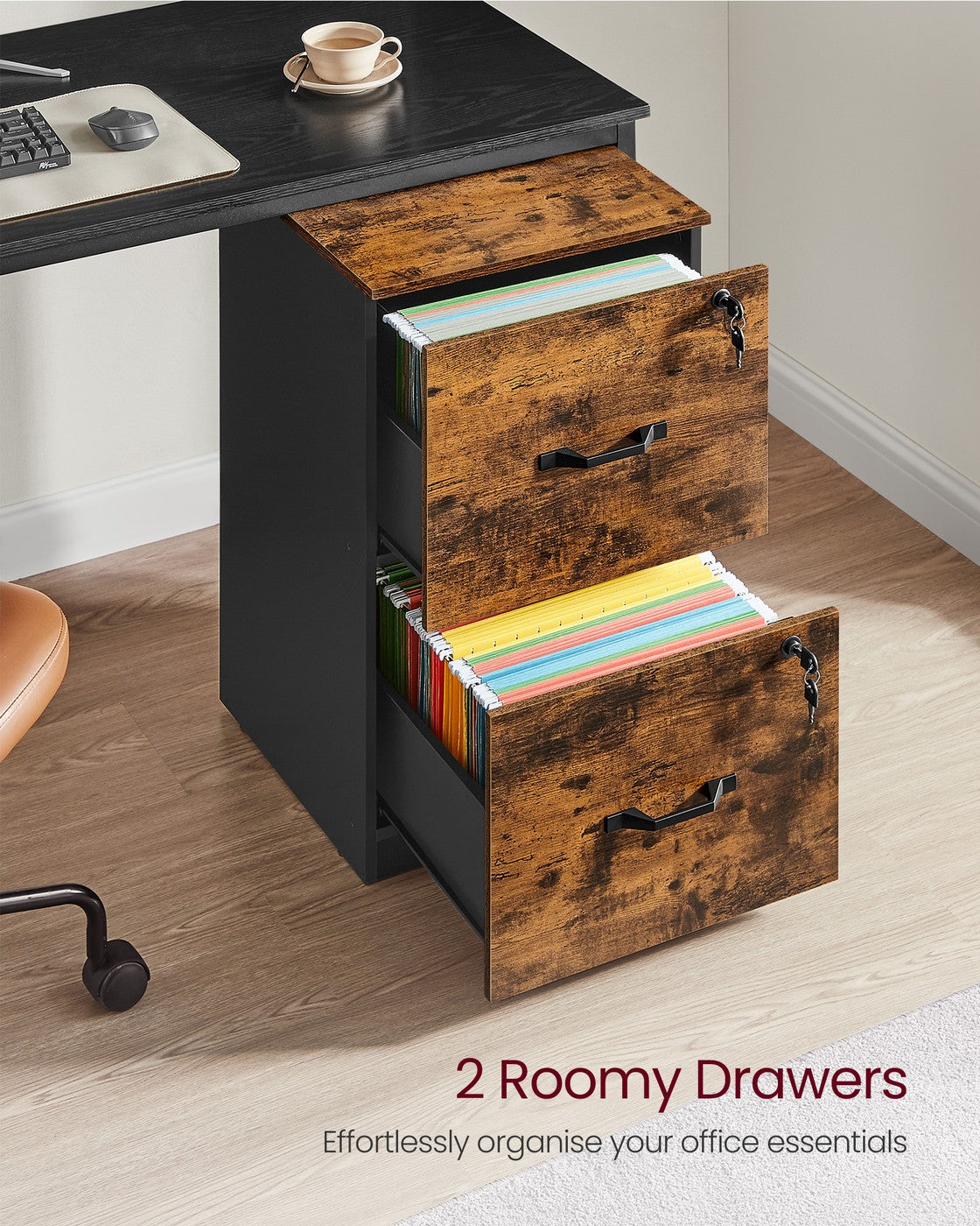 File Cabinet Filing Cabinet for Home Office - Wood - Rustic Brown and Ink Black - with 2 Lockable Drawers